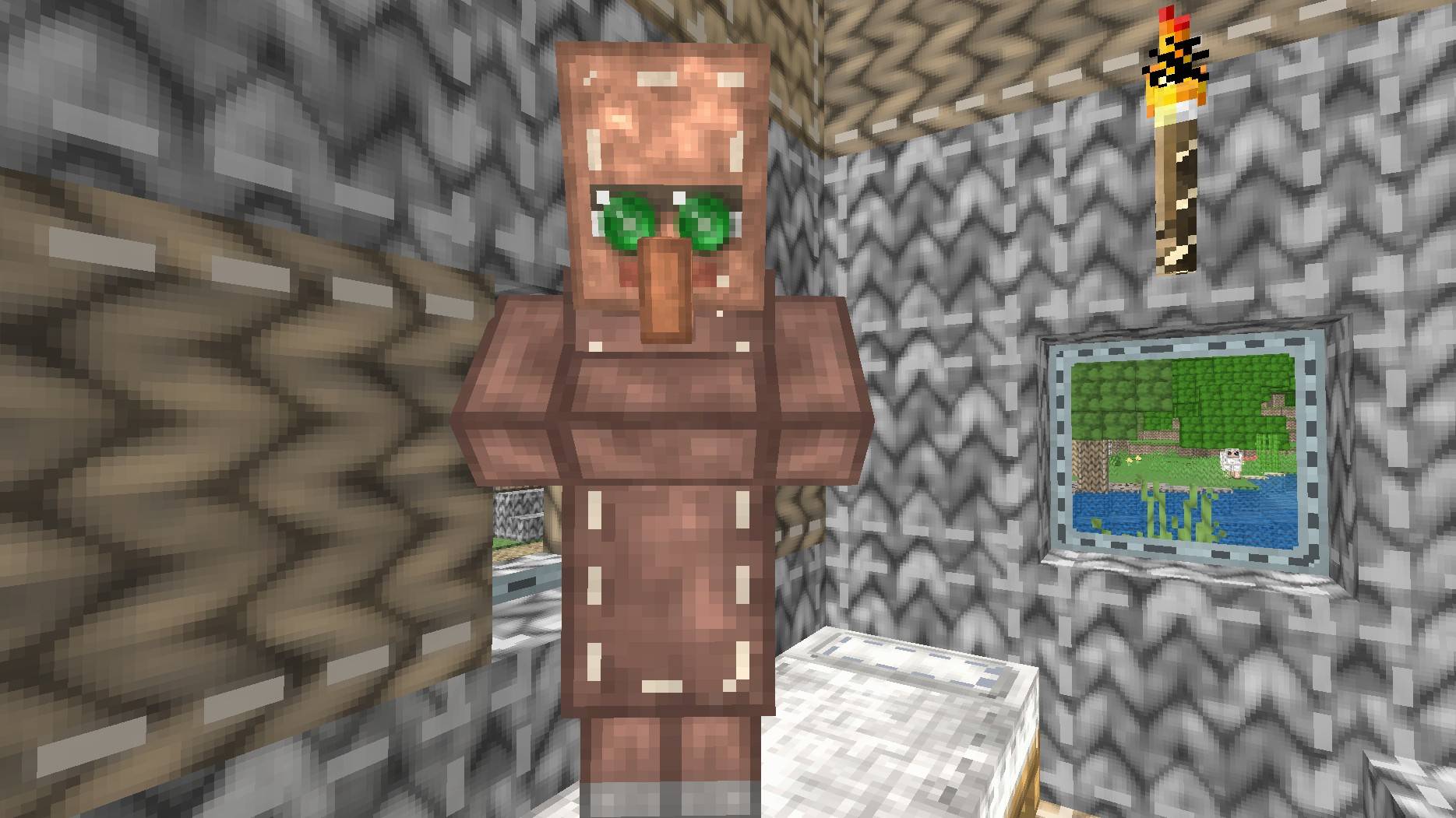 Thumbnail A plush villager at home, with a sticker-style map on the wall.