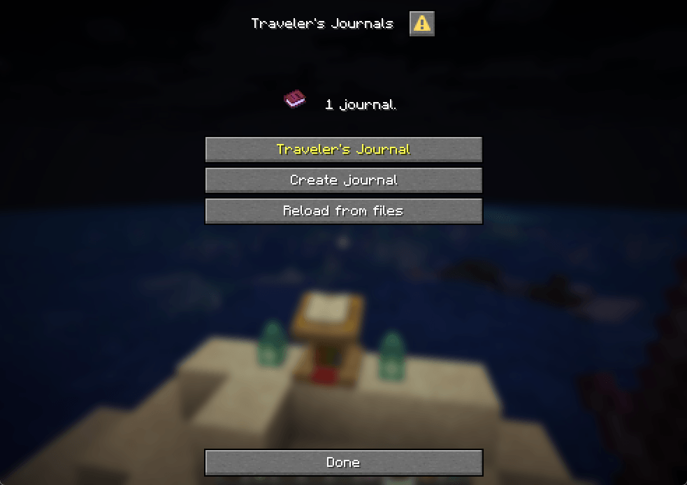 The journal manager on Minecraft 1.21.6, listing every journal with Create journal and Reload from files