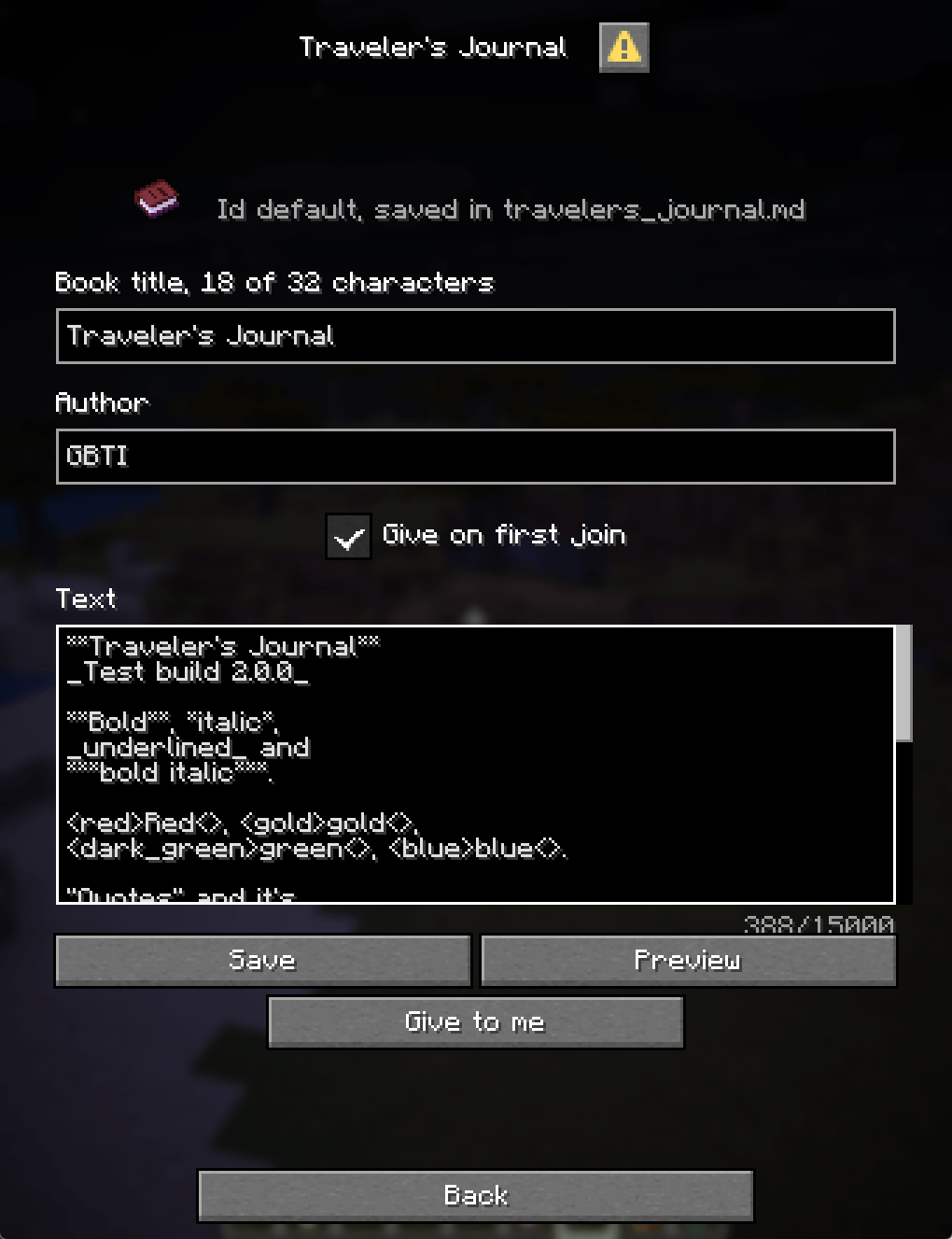 Editing a journal in game: book title, author, Give on first join and the text