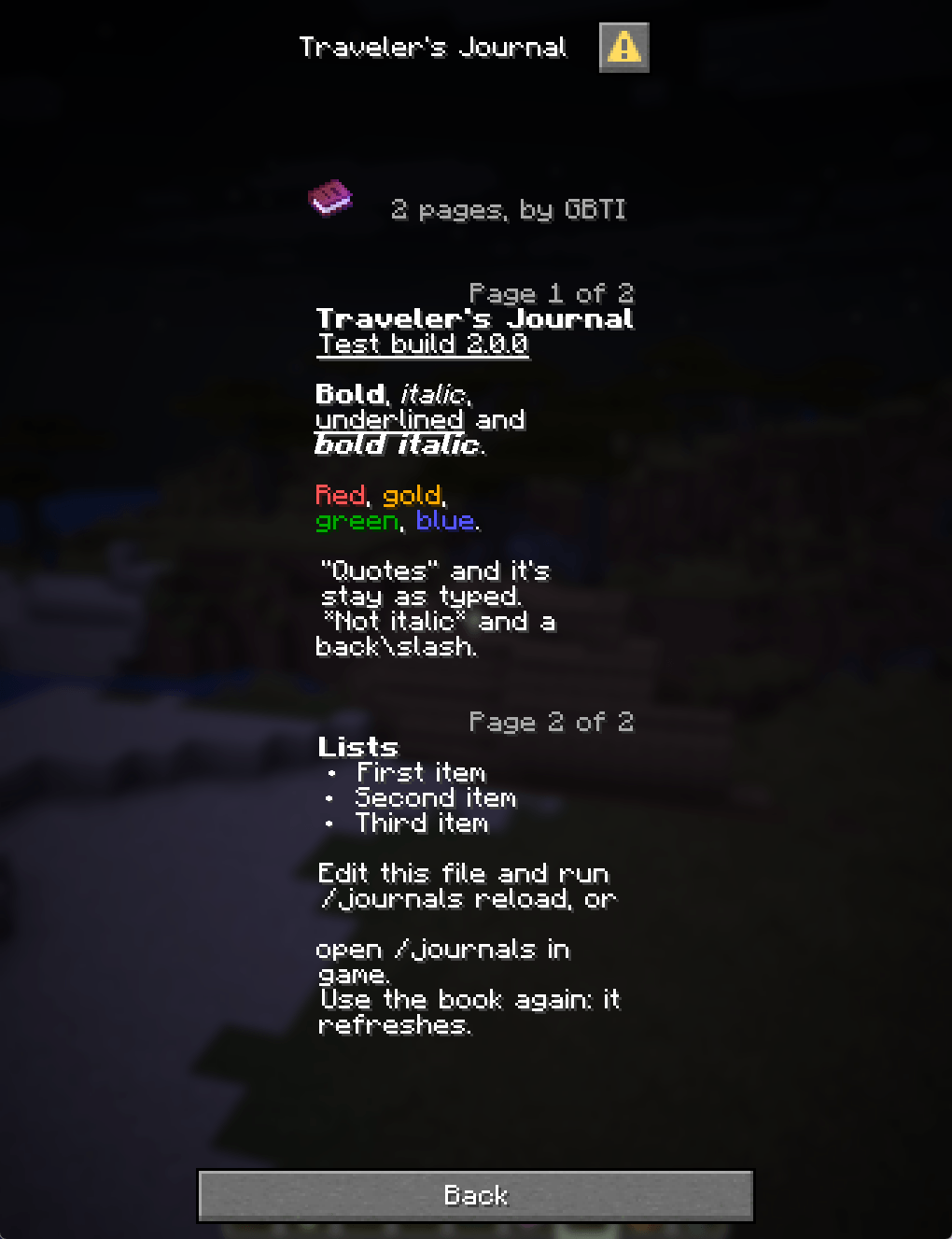 Preview of a journal's two pages, with bold, italic, underlined and colored text