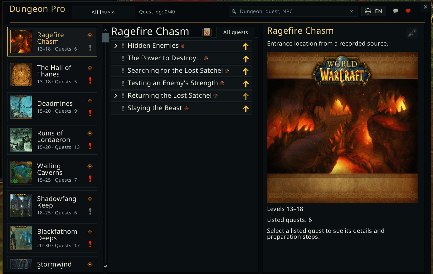 Thumbnail Switch to All quests to inspect quests beyond your character’s current restrictions.