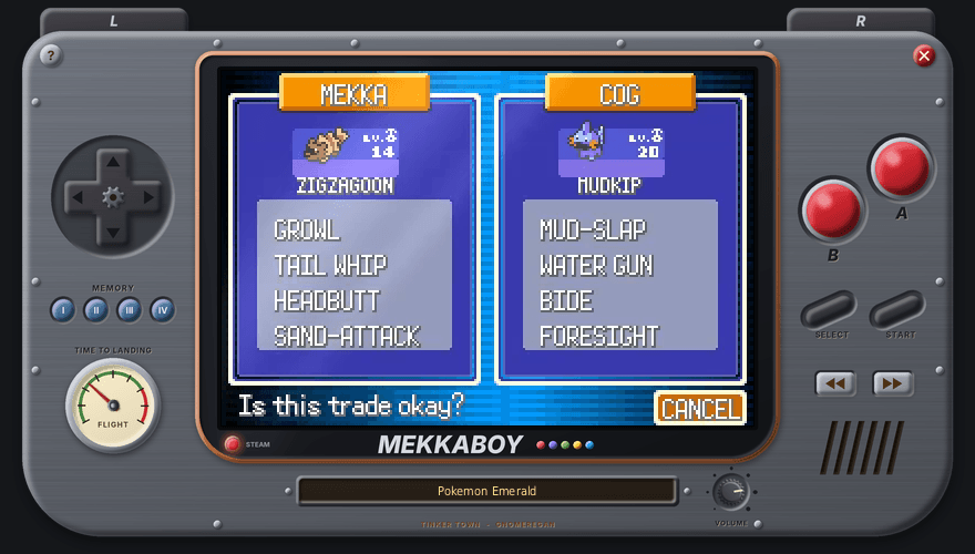 Thumbnail Two players trading over the MekkaBoy link, each with their own copy of Pokémon Emerald. No cable and no party needed: just type /mb link and their name.