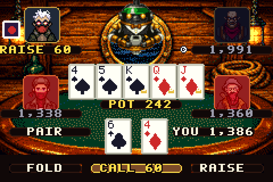 Thumbnail Texas Hold’em below decks. A raise lands on a full board with 242 chips in the pot. Chips only, no in-game money of any kind.