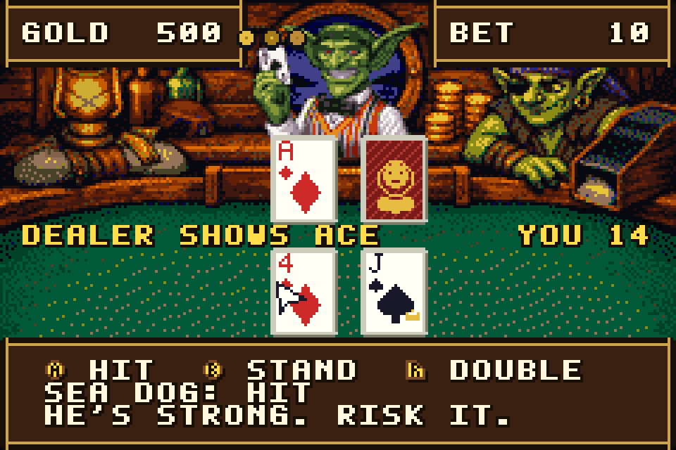 Thumbnail Blackjack in a Booty Bay den. The dealer shows an ace, and the sea dog in the corner says to hit: “He’s strong. Risk it.”