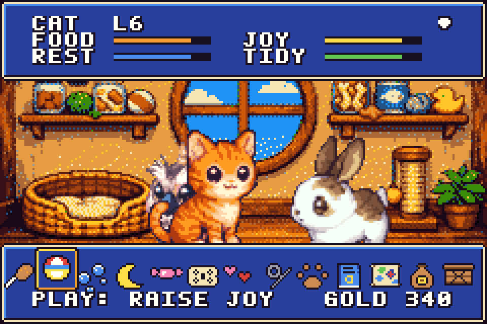Thumbnail A cat, rabbit, and owlet in their room. Feed them, play with them, keep the place tidy, then take them out into the world to see what they grow into.
