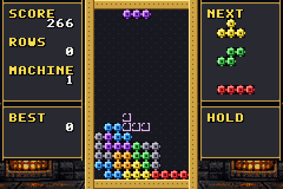 Thumbnail Cogs stacking in the machine, with the next three pieces lined up. Over the link, every row you clear lands in your friend’s machine.