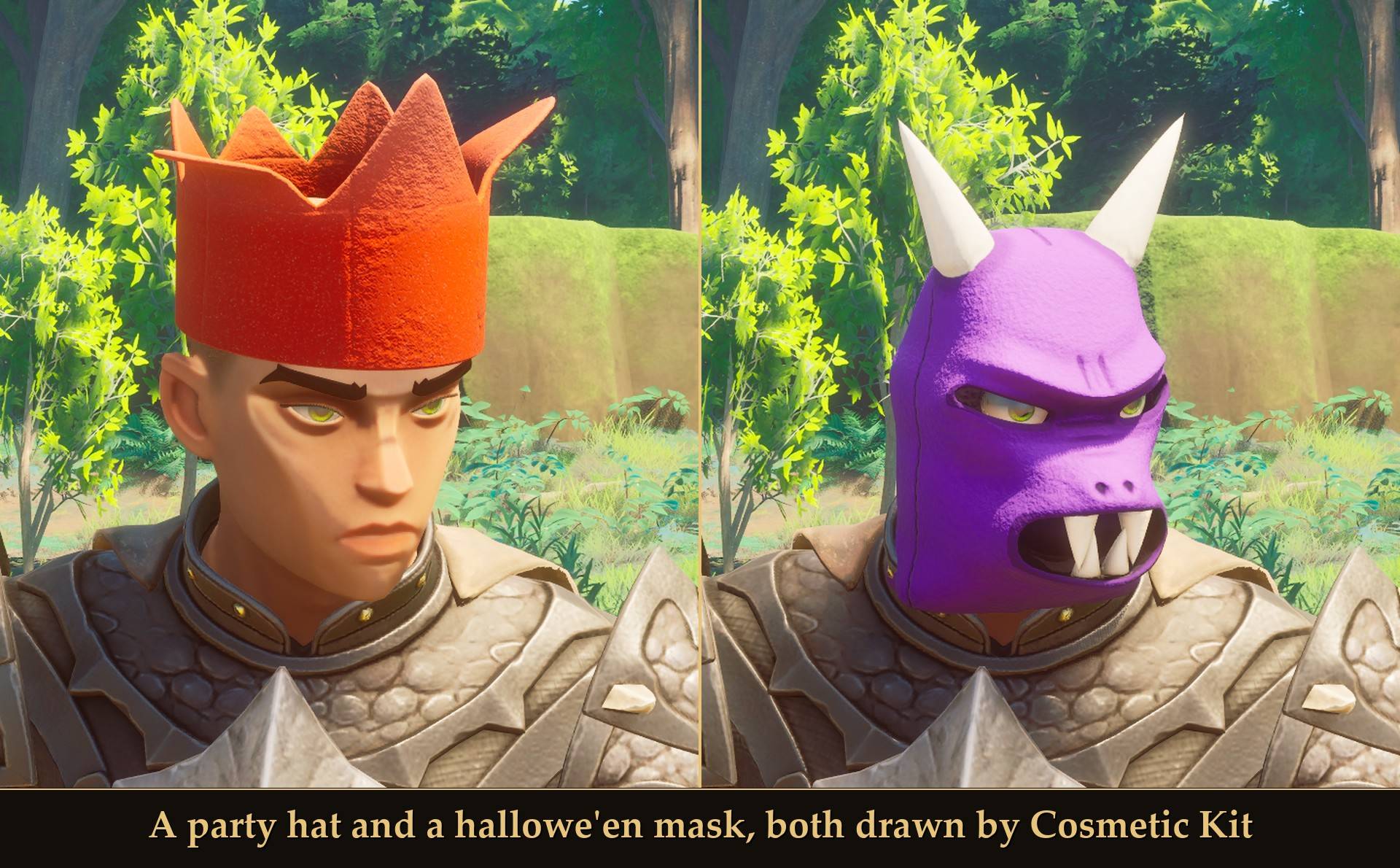 A party hat and a hallowe'en mask, both drawn by Cosmetic Kit