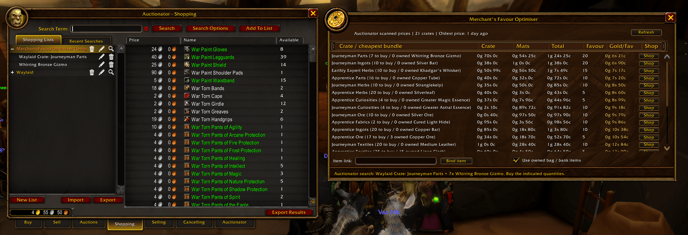 Simply click Shop next to your chosen crate to automatically create an Auctionator shopping list containing the required materials and quantities, making it quick and easy to purchase everything you need from the Auction House.
