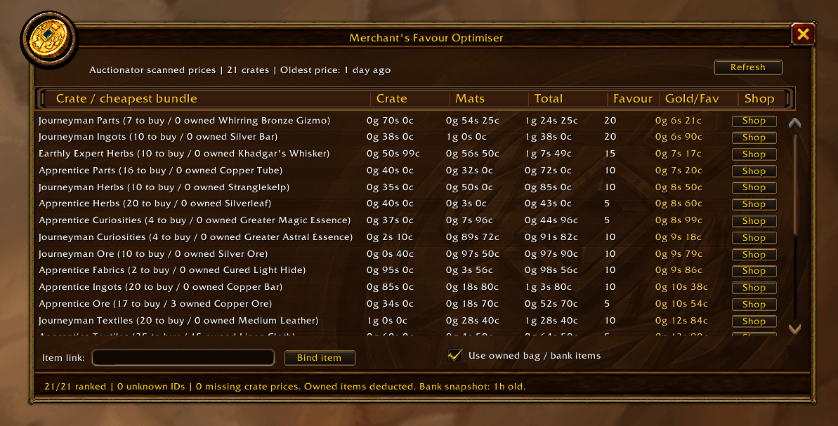 **Owned Materials Tracking**
Enable "Use owned bag / bank items" to deduct materials you already own from crate costs. The optimiser recalculates required quantities and total costs, helping you identify the cheapest crates to complete.