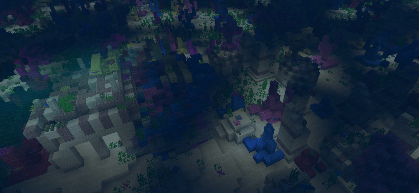 A warm ocean ruins in a coral reef biome.