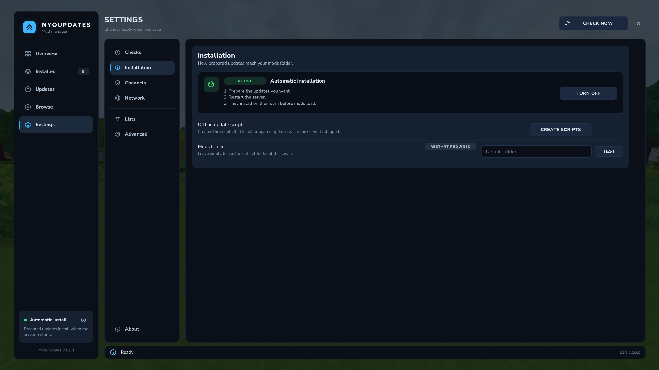 Main page - Settings