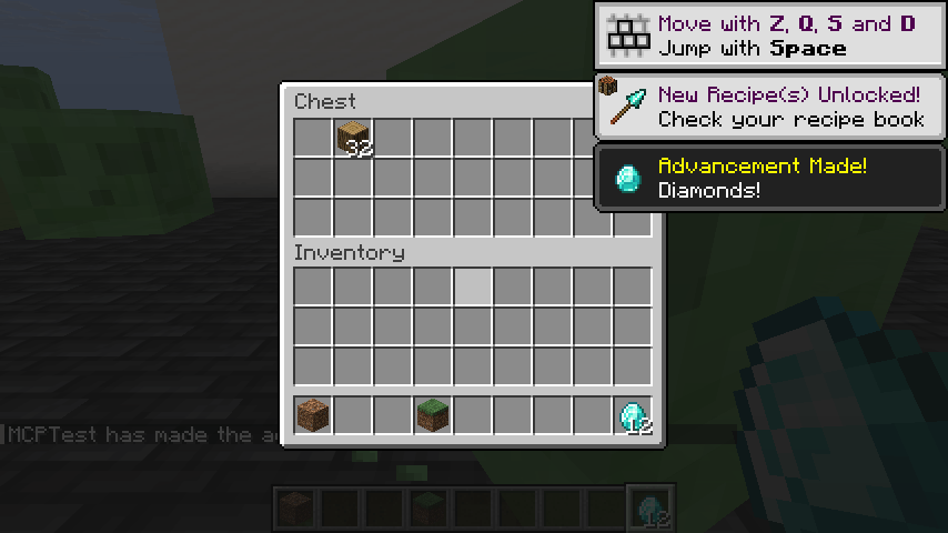 Thumbnail Unmodified client screenshot after click_slot QUICK_MOVE transferred 12 diamonds from a chest to the player inventory. Scripted MCP calls with the released JAR; full JSON evidence is included in the GitHub repository.