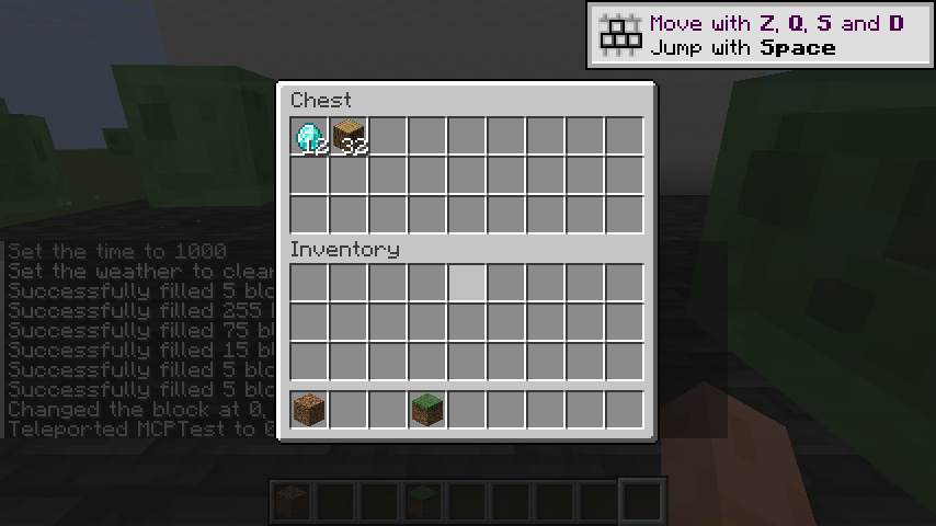 Thumbnail Direct client screenshot before the action: get_container reads 12 diamonds and 32 oak logs in this chest. Next, click_slot QUICK_MOVE transfers the diamonds into the player inventory. Scripted real MCP calls in an isolated singleplayer test.