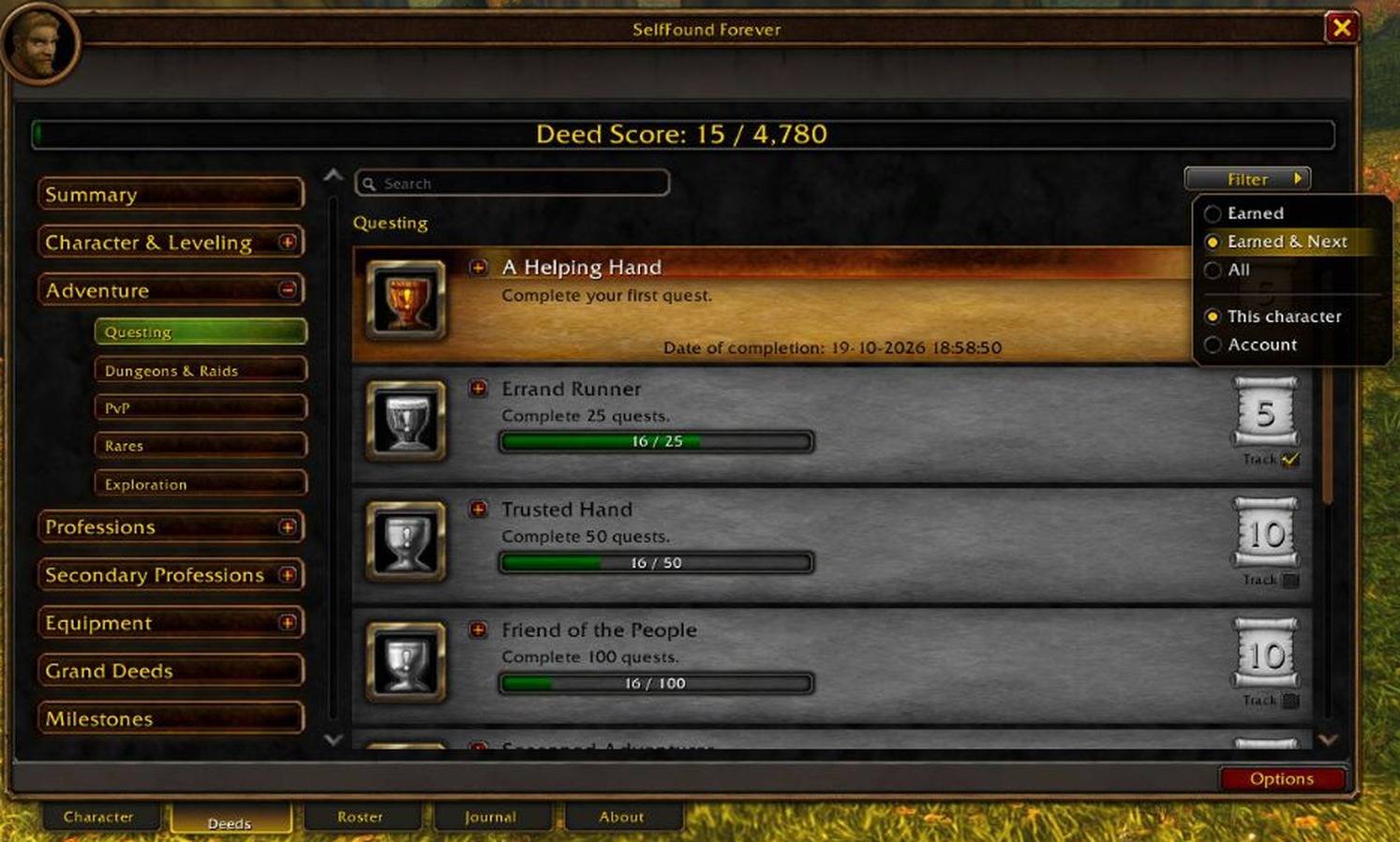 337 Deeds, each telling you how to earn it and how far you are