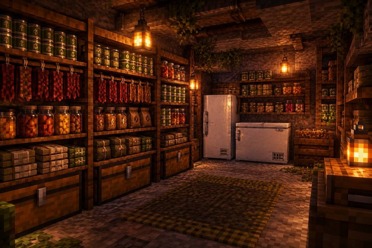 An underground larder stocked with sealed cans, jerky, dried fruit, rations, a fridge and a freezer