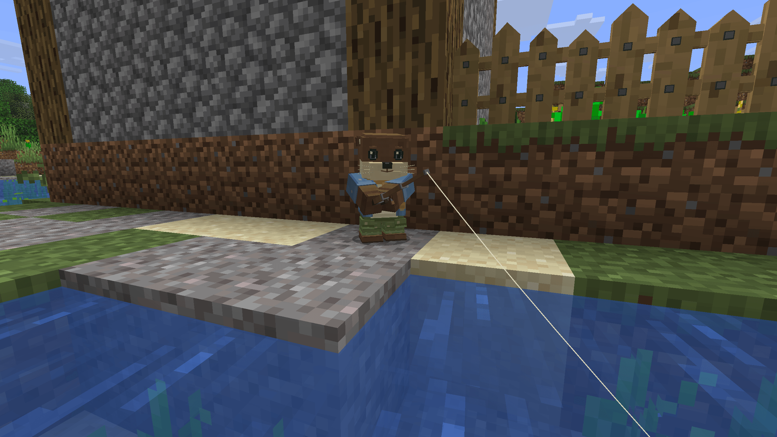 Brook fishes from dry banks and carries his catch in a woven basket.