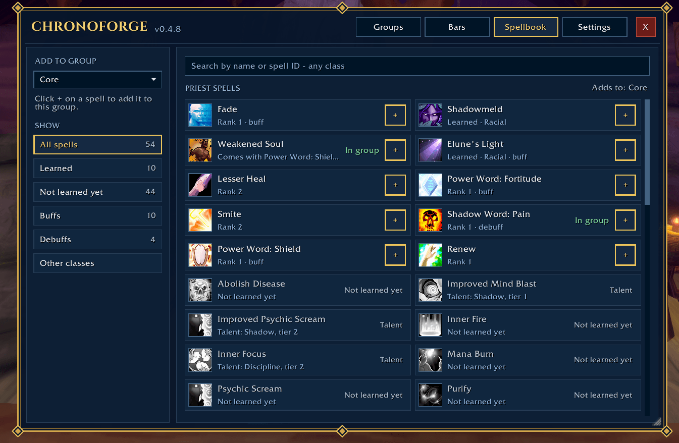 Thumbnail Browse and search spells by name or ID, filter by class or type, and add abilities directly to your icon groups.