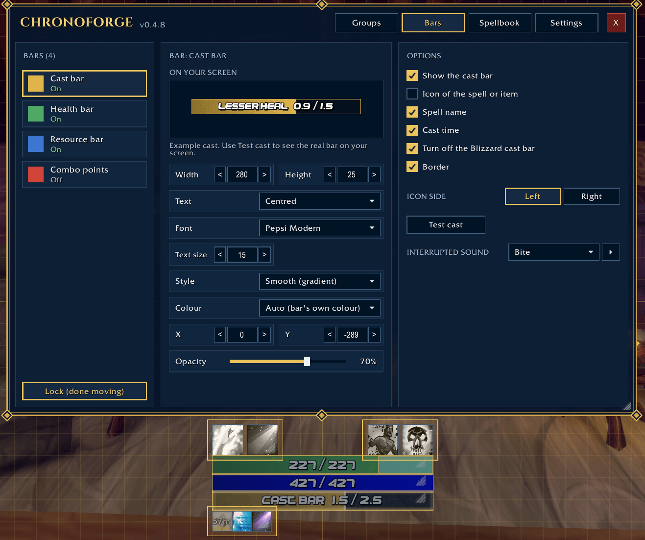 Thumbnail Personalize your cast, health, resource and combo point bars with adjustable sizes, fonts, colors and positioning.