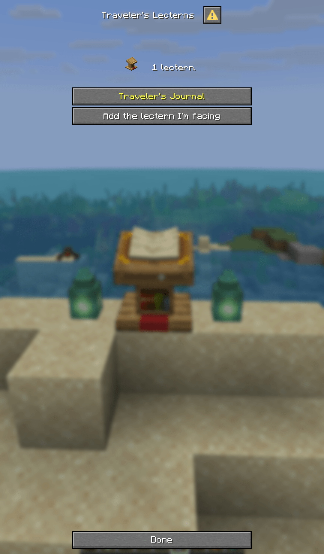 The lectern manager on Minecraft 26.2, listing every Traveler's Lectern with Add the lectern I'm facing
