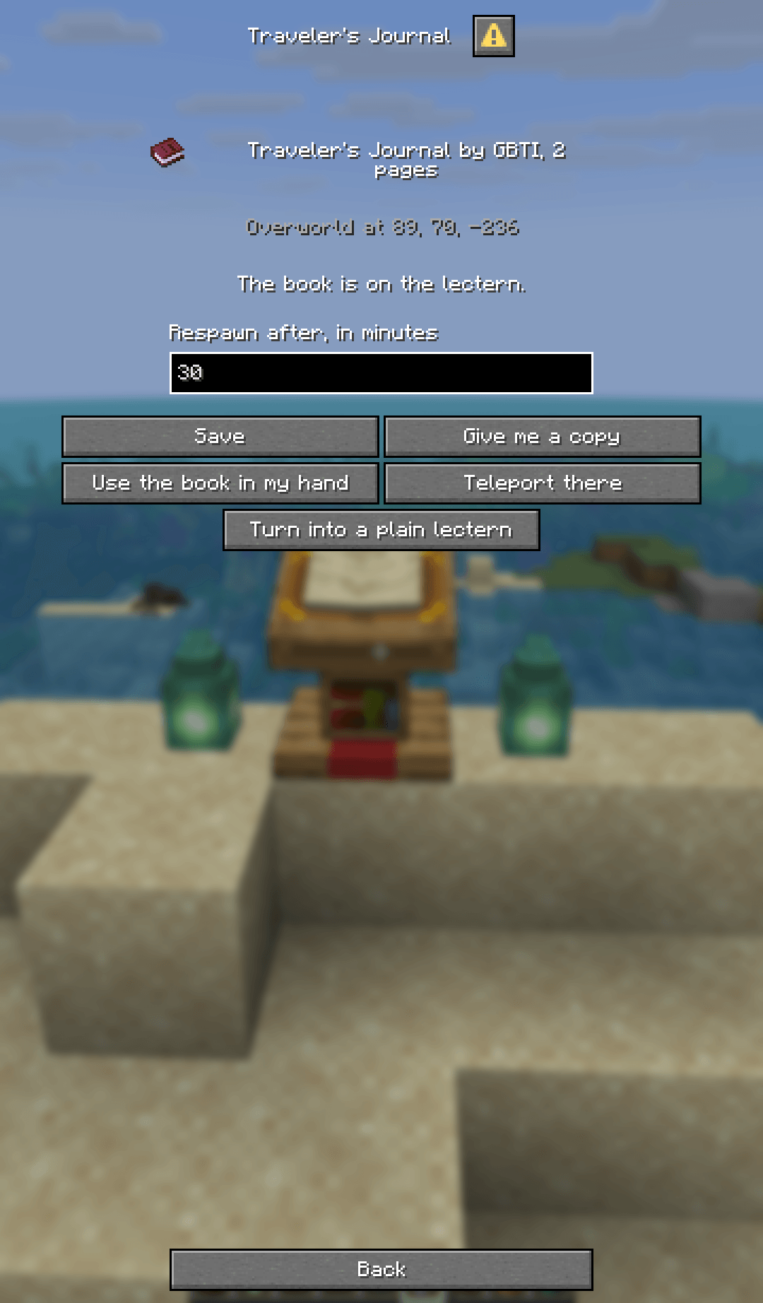 A lectern's editor: its book, where it stands, whether the book is out, and the respawn time in minutes