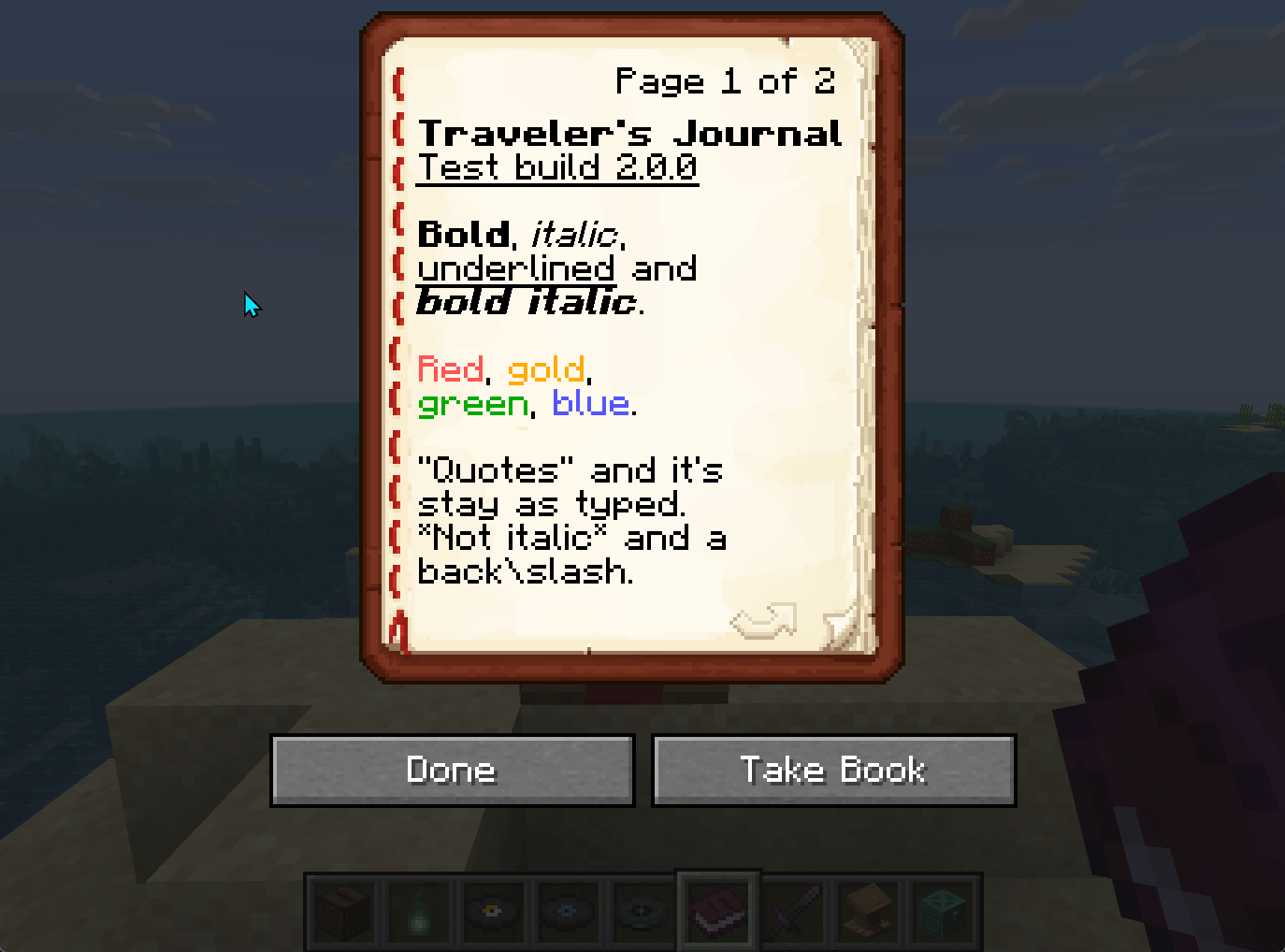 A Traveler's Lectern's book open in game, with Done and Take Book