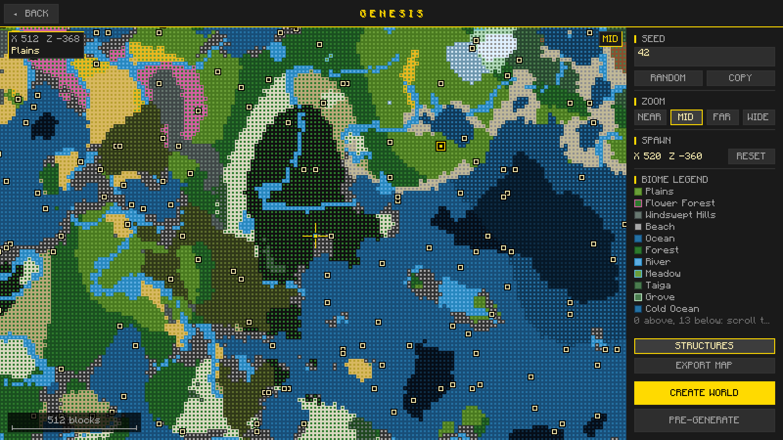 Thumbnail The preview on the Create World screen for seed 42 at MID zoom, with structure markers, the spawn point picked by right-clicking the map, and the biome under the cursor.