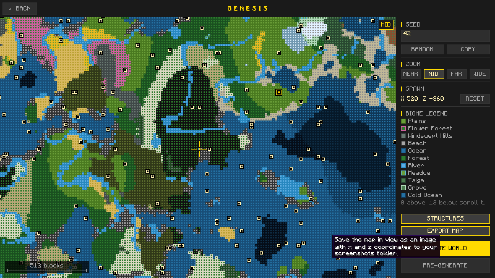 Thumbnail EXPORT MAP saves the map in view, with x and z coordinates, to your screenshots folder.