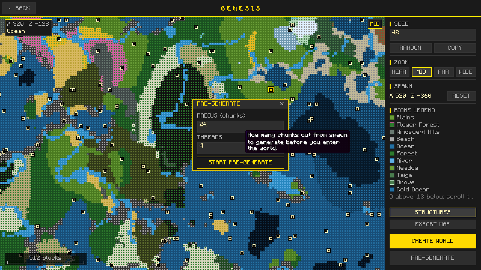 Thumbnail Choose how many chunks out from spawn to generate, and how many threads to use, before you enter the world.