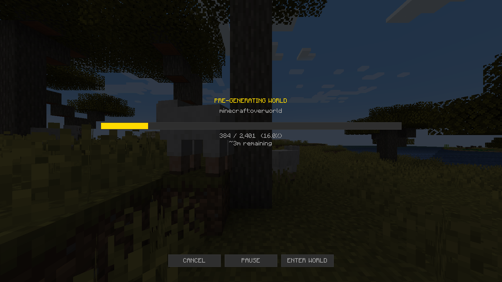 Thumbnail Chunks generated so far and the time remaining, with buttons to cancel, pause or enter the world while it keeps going.