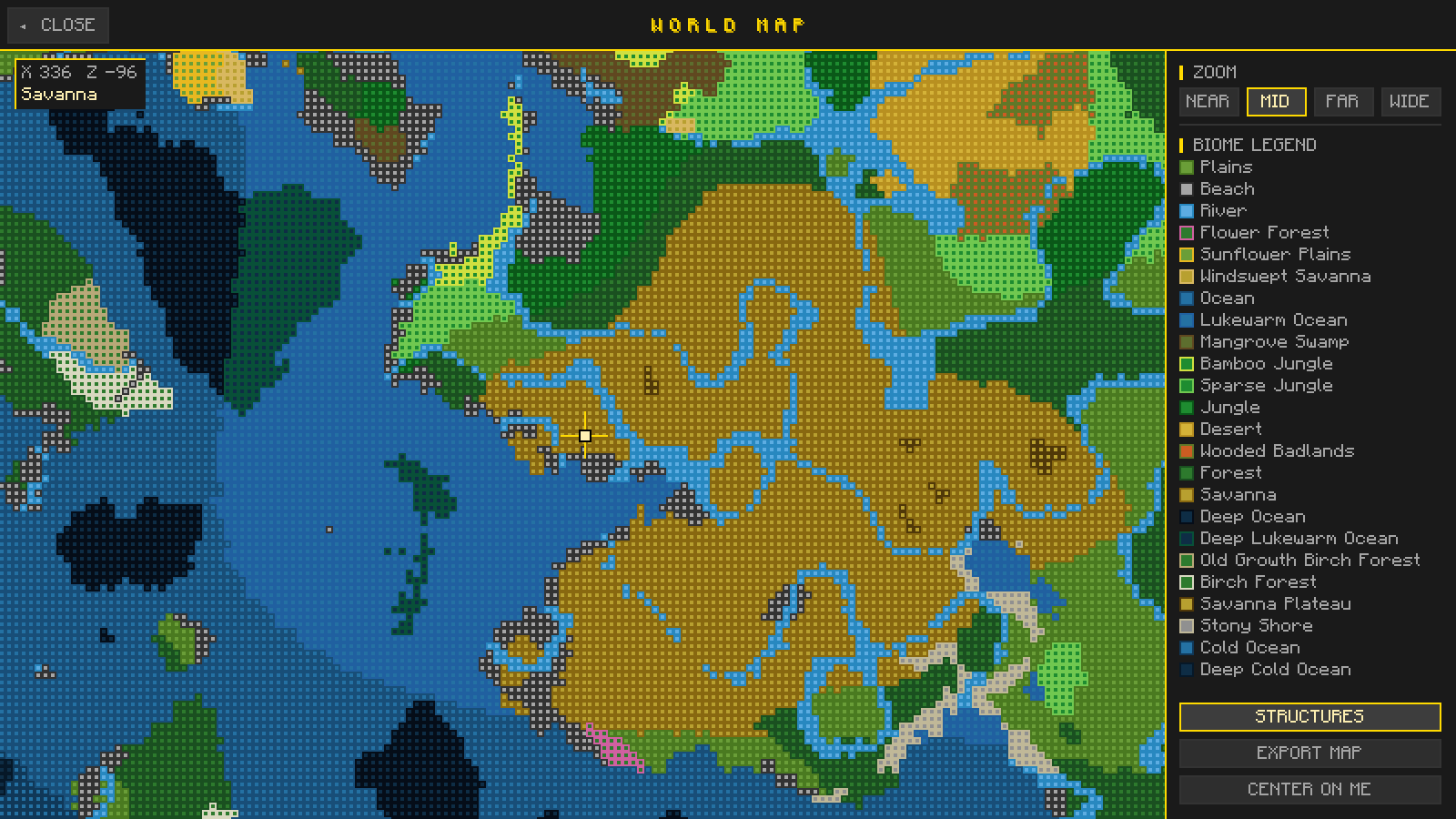 Thumbnail Press G in game for a map of the world you are playing, with zoom levels, a biome legend, structure markers and map export.