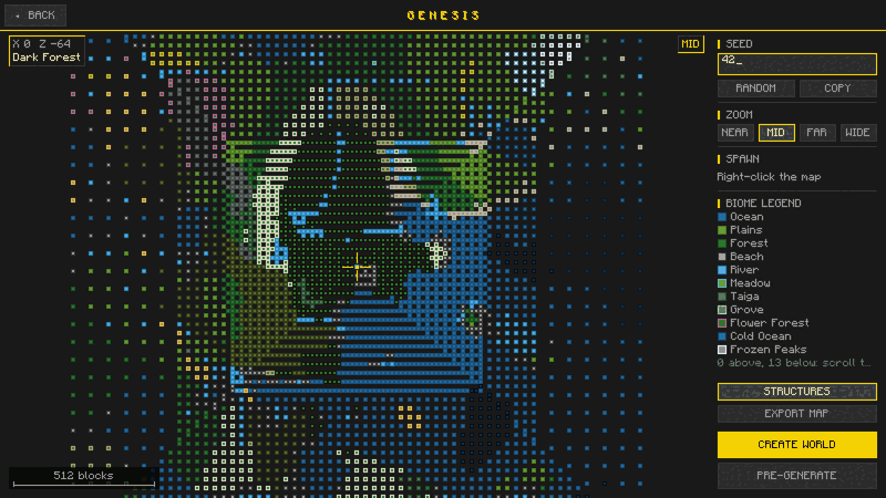 Thumbnail The biome map filling in for seed 42, then NEAR, MID, FAR and WIDE zoom with structure markers, and a right-click choosing the spawn point.