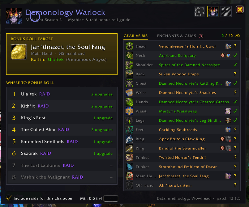 Thumbnail Your bonus roll target, dungeons ranked by remaining upgrades, and every gear slot checked against best in slot.