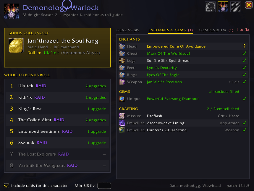 Thumbnail Recommended enchants and gems for your spec, checked against your gear, plus the embellishments and missive to craft with.