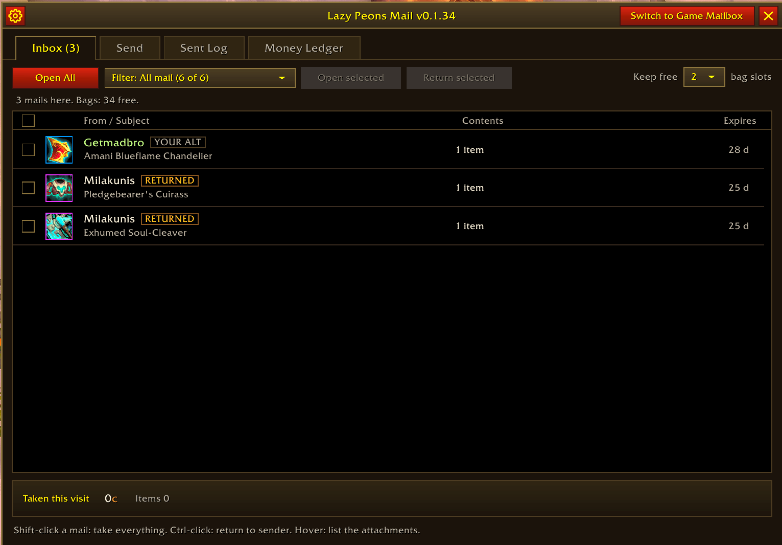 Thumbnail Inbox view: see what's waiting, which mail is from an alt or returned, and open or return mail in bulk.