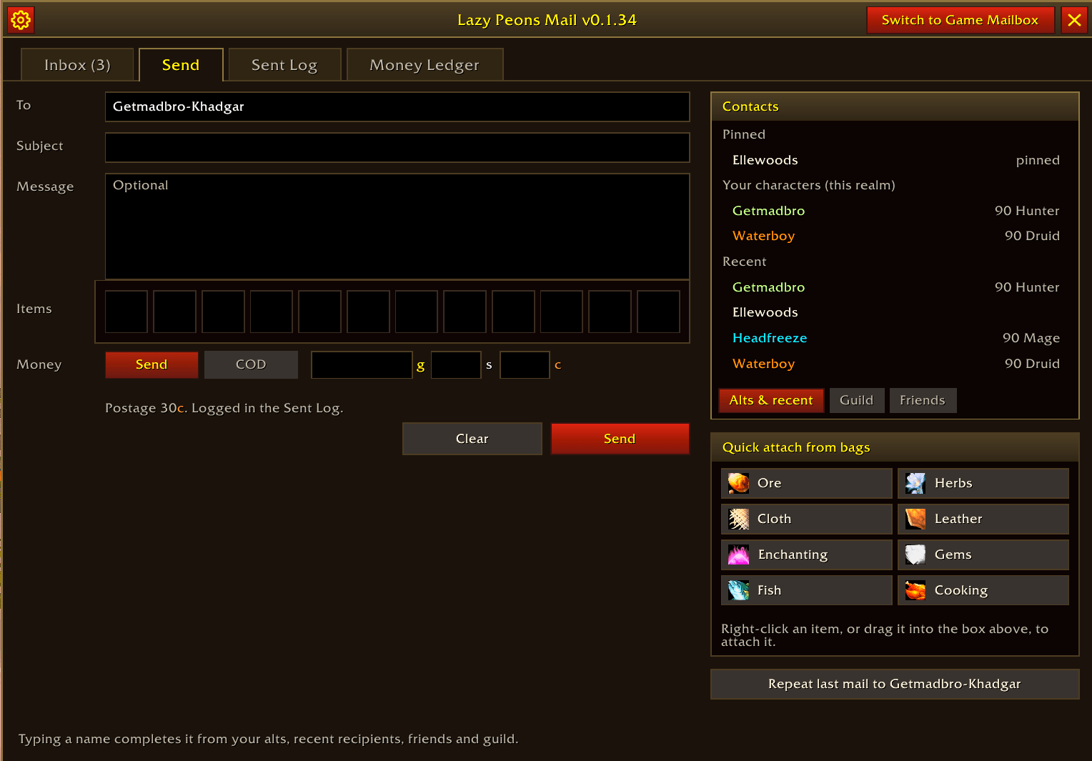 Thumbnail Send tab: quick-attach from your bags by category, one-click contacts from alts/recent/friends/guild, and repeat your last mail.