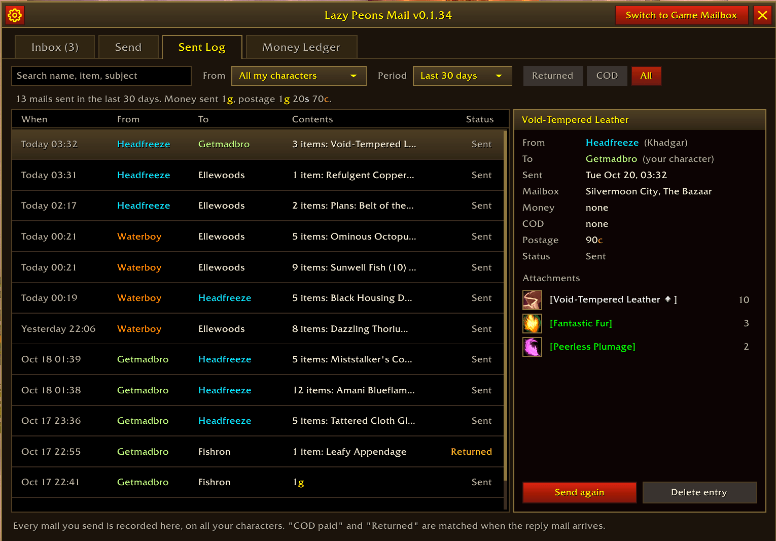 Thumbnail Sent Log: every mail you've sent, searchable, with full attachment and status details for each one.