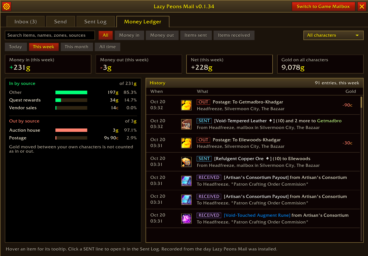 Thumbnail Money Ledger: track gold in and out by source, searchable history across all your characters.