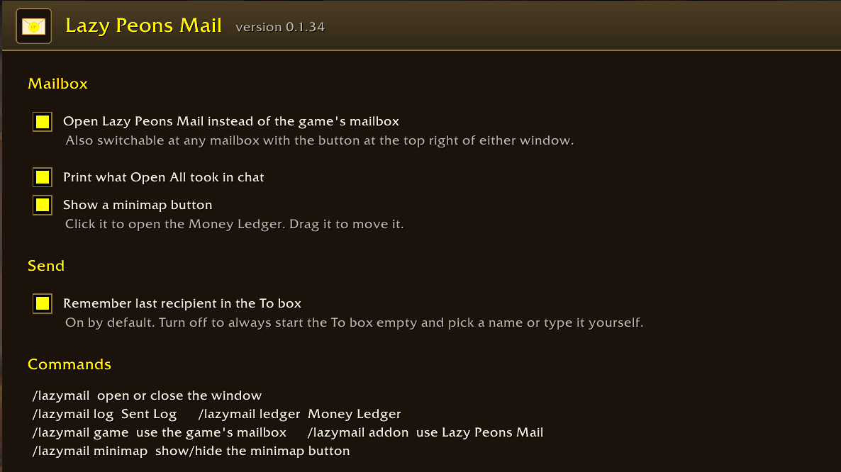 Thumbnail Options panel: toggle Lazy Peons Mail on/off, minimap button, and remember-last-recipient — plus all the slash commands.
