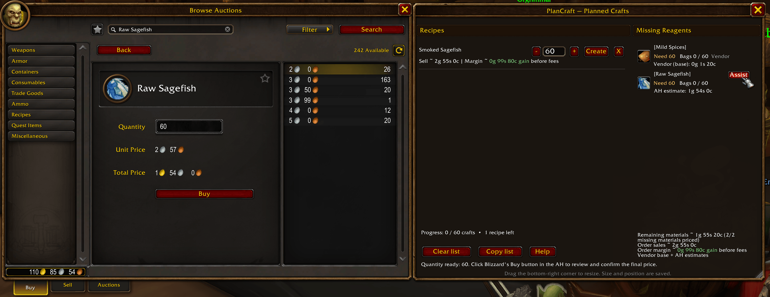 Plan 60 Smoked Sagefish, see missing reagents and estimated costs, then use Assist to search for Raw Sagefish and fill the required quantity. Review and confirm the purchase with Blizzard’s Buy button. Estimated sales and margin appear alongside the plan.