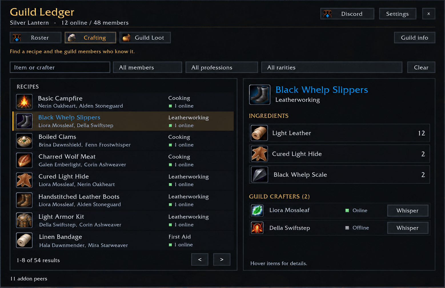 Crafting recipes and guild crafters
