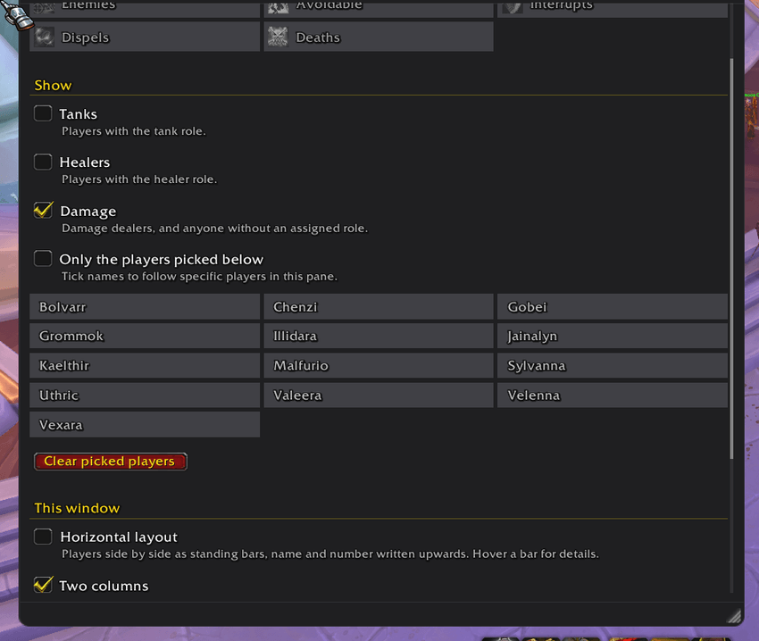 Per-window options: tabs, filters, layout, split