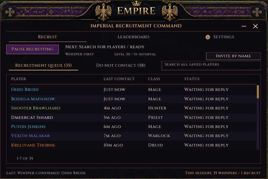 Thumbnail Whisper-first recruitment queue with pending replies, shared Do not contact, saved-player search and session counters.