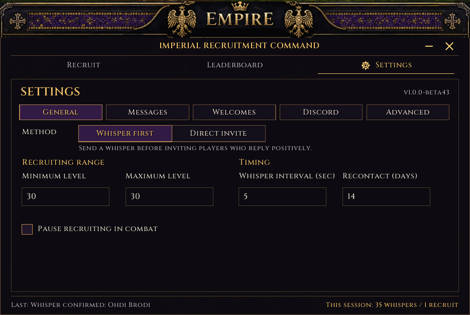 Thumbnail Compact Whisper first / Direct invite selector, level range, timing and optional combat pause. Settings save automatically.