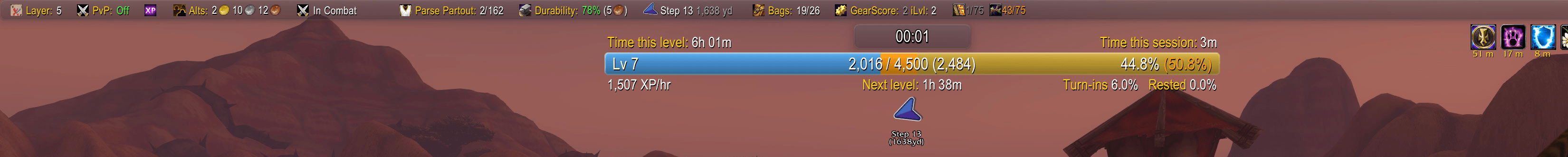The Glass Panel bar across the top with the XP+ bar zoomed under it and the combat pill between them