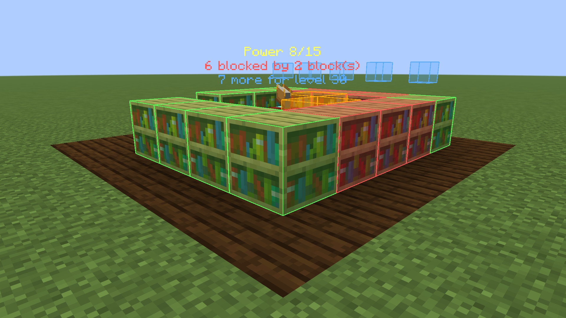 A broken setup: green shelves power the table, red ones are blocked by the orange torch and carpet