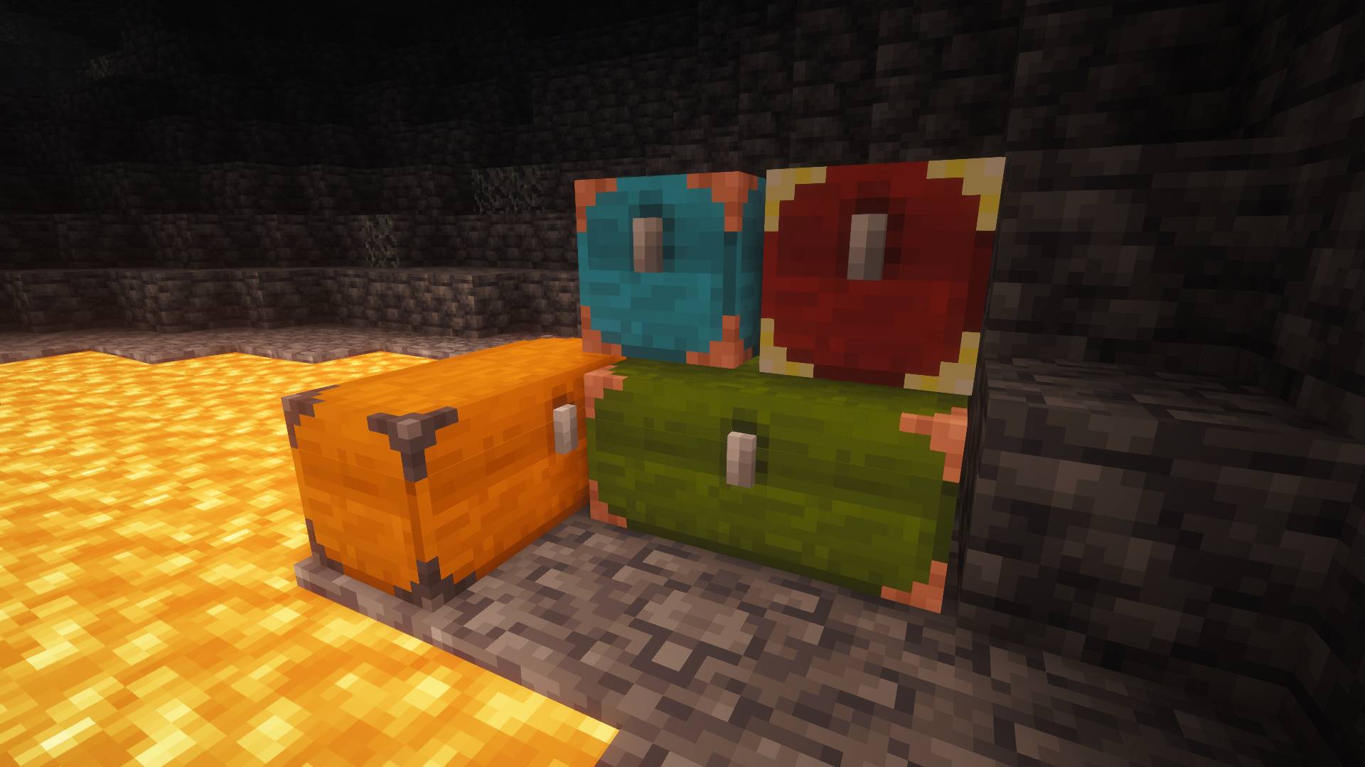 Dyed double chests beside lava