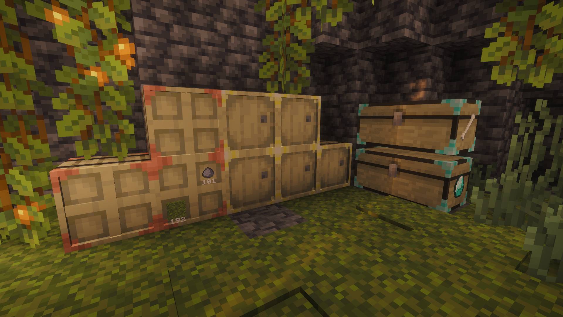 Barrels, limited barrels and double chests in a lush cave