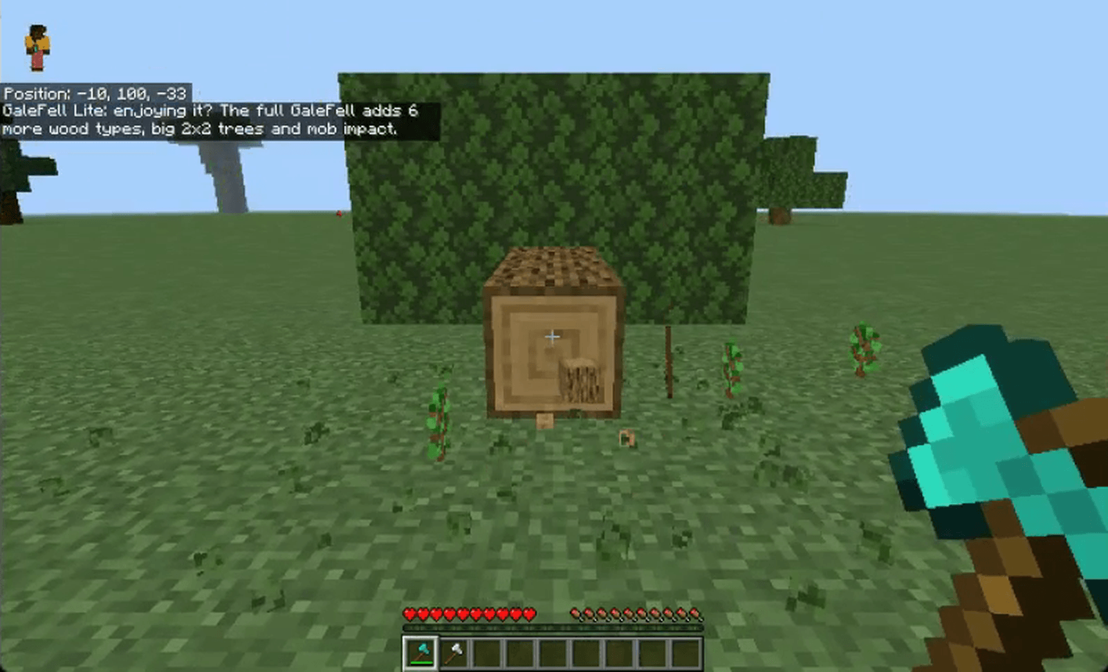 Thumbnail The logs drop as items and the canopy is cleared with the usual leaf drops: saplings, sticks, apples.
