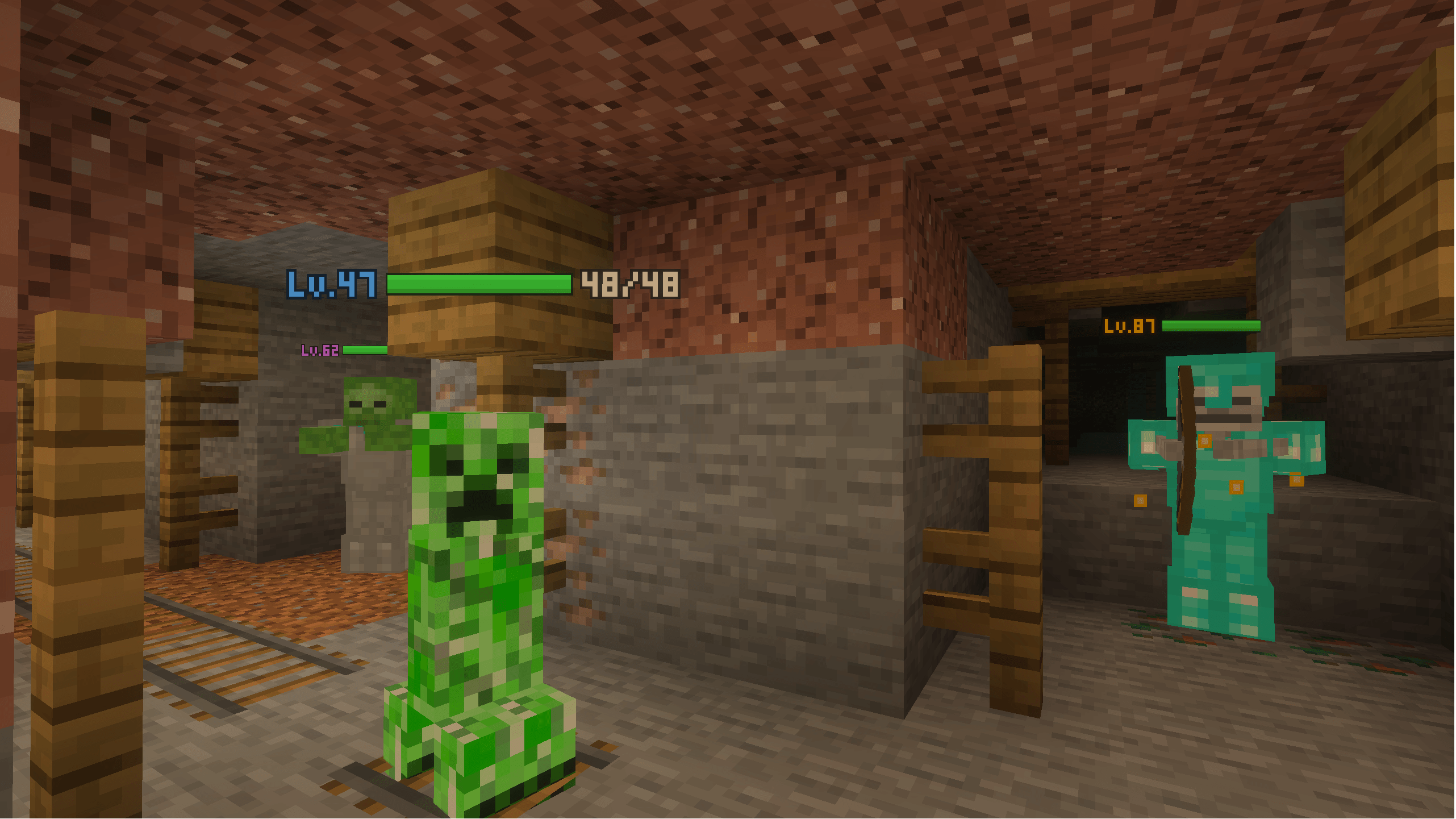 Blue, purple and gold – see how strong each mob is at a glance. High-level mobs wear diamond armor.