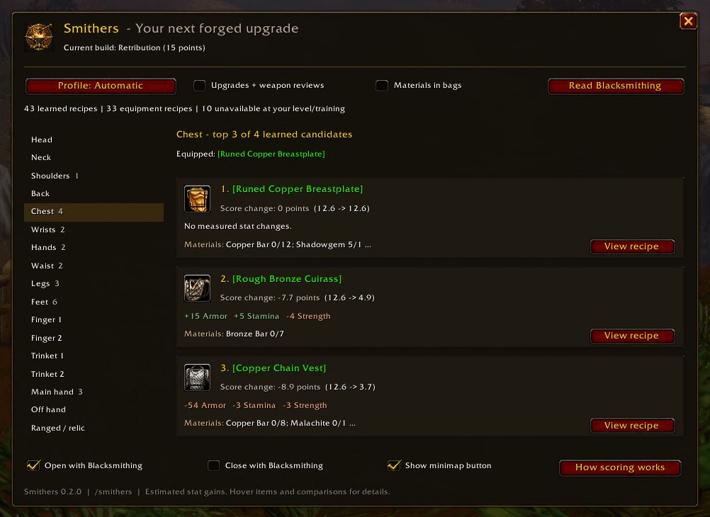 Thumbnail Rank your learned Blacksmithing recipes against equipped gear, with stat differences and bag material counts. The upgrade filter is off here to show equal and lower-scoring candidates too.